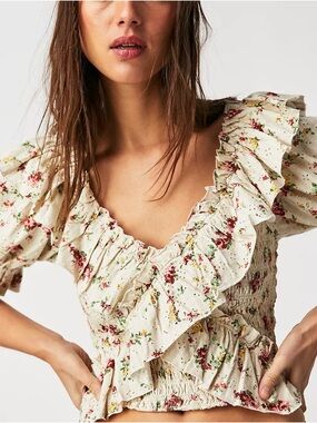 Free People Favorite Girl Women’s Ruffle Floral Smocked Top Sold Out style